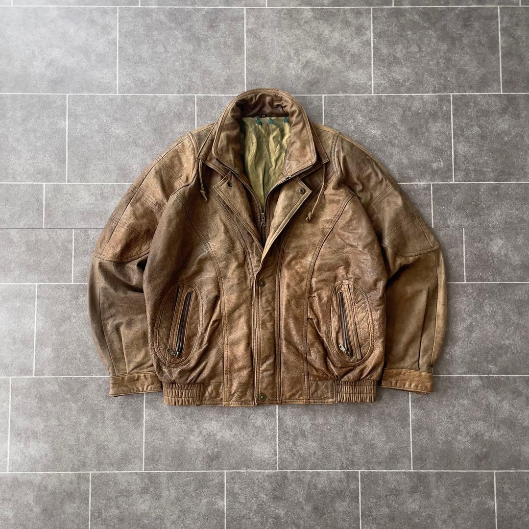 80s ヴィンテージ 本革 ダブルカラーレザージャケット ブラウン 52 80年代 80s 茶色 ブラウン アメリカ製 ミリタリータイプ 本革 革ジャン