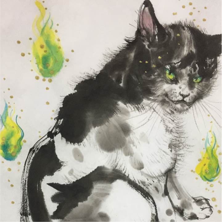 青い炎と猫、和紙34cm×24,8cm,墨 アサヒペン ふすま紙 アニマル デザイン 襖紙 猫の巻 菱田春草 猫梅