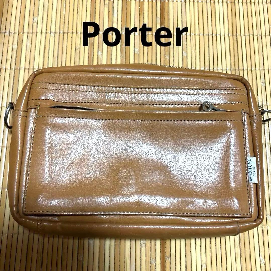 PORTER レザースクエアショルダーバッグ　本革　キャメル色 本革 スクエアショルダーバッグ 縦型 ミニショルダー スマホショルダー